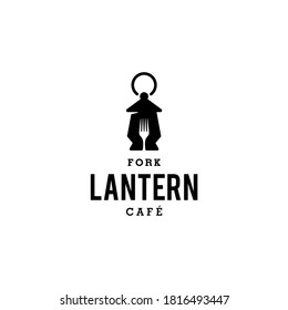 lantern and fork logo, simple modern restaurant cafe logo , lantern with fork as a door icon design isolated on white background, logo for food and beverage business company
