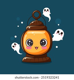 lantern and ghosts, halloween illustration in kawaii style