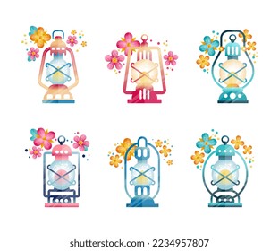 Lantern with Glowing Light Inside and Floral Elements Around Vector Set