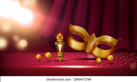 lantern and golden mask at mardi gras parade banner rose and feather near colombina mask