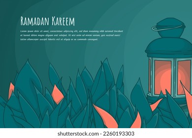 Lantern in green background with leaves in hand drawn design for ramadan kareem template