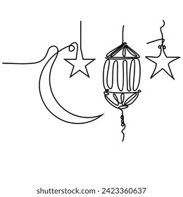 Laterne, Halbmond und Stern, Ramadan Kareem, eine fortlaufende Linienzeichnung
