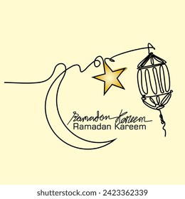 Lantern, half moon and star, Ramadan Kareem, one continuous line drawing