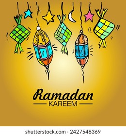 Laterne, Halbmond und Stern, Ramadan Kareem, Linienzeichnung
