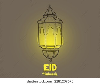 Linterna en mano dibujada con diseño de luz amarilla para la plantilla de fondo id mubarak o islámico