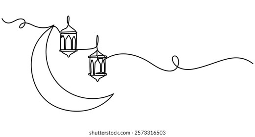 Lantern hanging at crescent moon with ramadan kareem handwritten inscription in One line drawing, One continuous line drawing of islamic ornament with lantern, star, half moon and cloudy sky isolated.