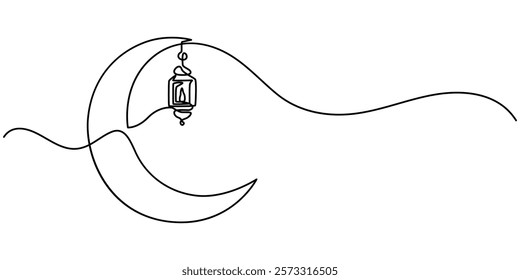 Lantern hanging at crescent moon with ramadan kareem handwritten inscription in One line drawing, One continuous line drawing of islamic ornament with lantern, star, half moon and cloudy sky isolated.