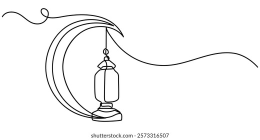 Lantern hanging at crescent moon with ramadan kareem handwritten inscription in One line drawing, One continuous line drawing of islamic ornament with lantern, star, half moon and cloudy sky isolated.