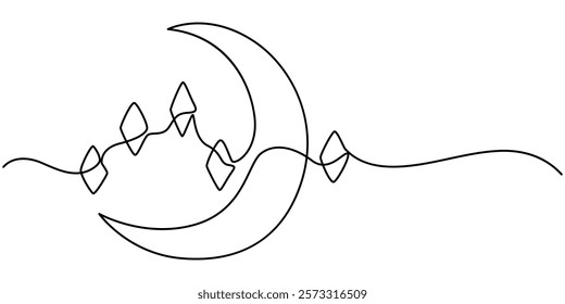 Lantern hanging at crescent moon with ramadan kareem handwritten inscription in One line drawing, One continuous line drawing of islamic ornament with lantern, star, half moon and cloudy sky isolated.