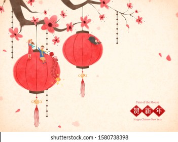 Lantern hanging on plum flowers tree with miniature people sit on it in Chinese brush painting style, Chinese text translation: Happy new year