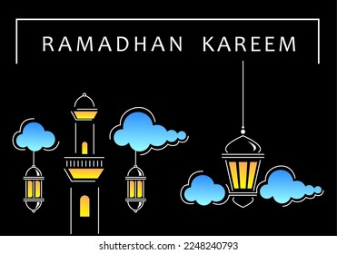 Un farol cuelga en las nubes por la noche, el minarete de la mezquita perfora las nubes en el mes de ramadhan, ilustración del vector de línea aislada en un fondo negro.