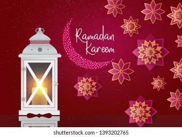 Lantern for holiday, garden, on Ramadan Kareem, Eid Mubarak. With Arabic Islamic Ornamental Flowers.Great for Invitation,Greeting Cards, Decorative design,Packages