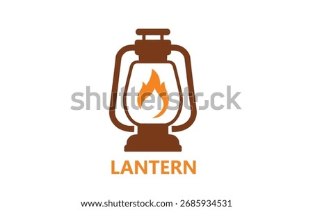 Lantern icon with glowing flame for camping, outdoor lighting, survival gear, fire safety, vintage lamp vector illustration design