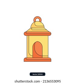 Laternensymbol. Ramadan, Sammlung islamischer Feiertagssymbole. Islamische Symbole, muslimische Tagesschilder Symbol einzeln auf weißem Hintergrund. Koran Buch, Traditionelle Laternen. eps10.