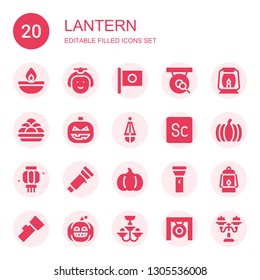 lantern icon set. Collection of 20 filled lantern icons included Oil lamp, Japanese, Japan, Gong, Lantern, Kanji vadas, Pumpkin, Scout, Flashlight, Chandelier, Street light