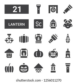 lantern icon set. Collection of 21 filled lantern icons included Flashlight, Lantern, Chinese, Pumpkin, Oil lamp, Chandelier, Scout, Gong
