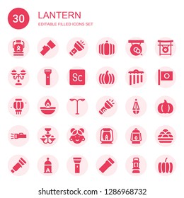 lantern icon set. Collection of 30 filled lantern icons included Oil lamp, Lantern, Flashlight, Pumpkin, Gong, Street light, Scout, Chimes, Chandelier, Chinese, Japan, Kanji vadas