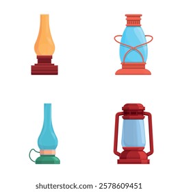 Lantern icons set cartoon vector. Modern and retro gas lamp. Lighting equipment