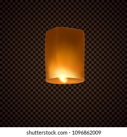 Linterna aislada en un fondo transparente. Elemento de decoración del festival Happy Diwali. El cielo nocturno flotando lámpara india. La victoria de la luz como símbolo. Papel vectorial que vuela luz de brillo para el diseño publicitario.