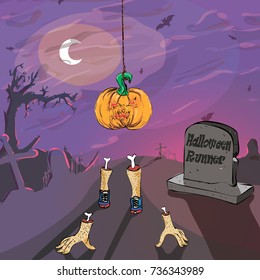 lantern Jack hanging like a head in the evening in a cemetery in the posture of a runner