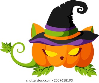 Lantern jack pumpkin in witch hat. Pumpkin witch cat. Halloween decoration element.