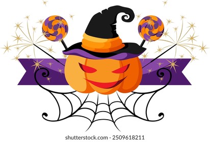 Lantern jack pumpkin in witch hat with candies and spider web. Halloween decoration element.