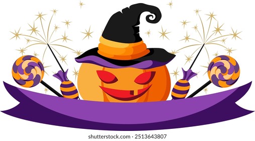 Linterna jack calabaza en sombrero de bruja con caramelos y cinta. Elemento de decoración de Halloween.