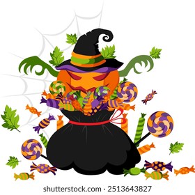 Lantern jack pumpkin in witch hat with bag full of sweets. Halloween decoration element.