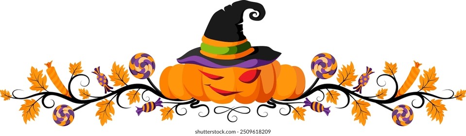 Lantern jack in witch hat with pumpkins, candies and ornamental autumn leaves. Halloween decoration element.