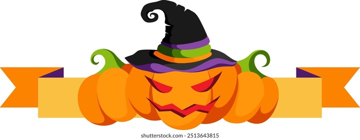 Lantern jack in witch hat with pumpkins and ribbon. Halloween decoration element.