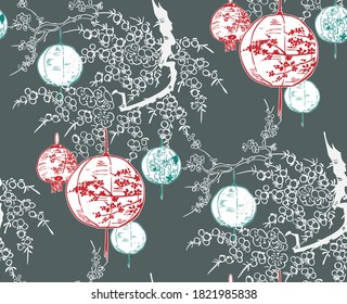 lantern japanese chinese design sketch ink paint style seamless