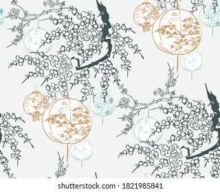 lantern japanese chinese design sketch ink paint style seamless