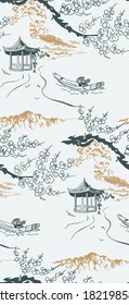 lantern japanese chinese design sketch ink paint style seamless