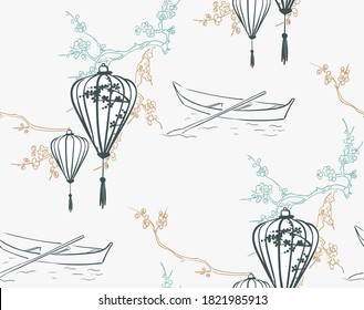 lantern japanese chinese design sketch ink paint style seamless