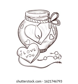 Lantern lamp with burning heart candle isolated sketch. Vector illustration of postcard on February 14, gift present on romantic party, burning symbol of love St. Valentine's day holiday greeting card