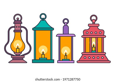 Lantern lamp with candles vector cartoon set isolated on a white background.