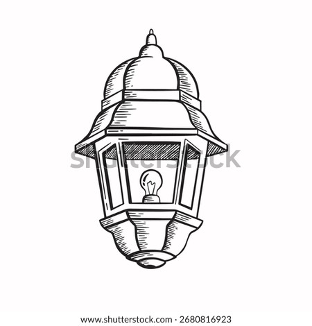 Lantern lamp, light fixture sketch monochrome vector