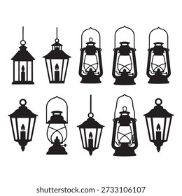 Lantern and Lamp Vector Set Vintage, Hanging, and Street Light Silhouettes