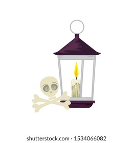 lantern light hanging with skull and bones vector illustration design