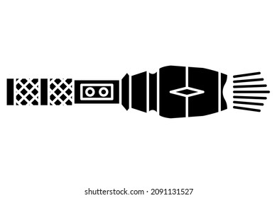 A lantern with a long casing and an original design with a rough surface. Hand-held long flashlight for long work, night search, lighting in the dark. Vector icon, glyph, isolated