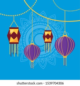 lantern mandala blue background happy diwali festival poster vector illustration