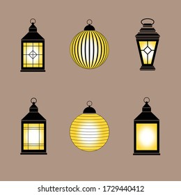 Lantern Monochrome Vector Design Set, Islamic lantern, eid element, lamp symbols