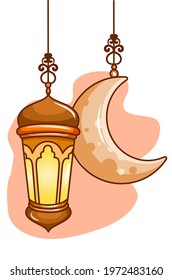 Lantern and moon at mubarak night cartoon illustration