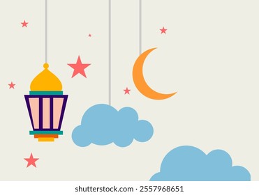 Lantern, Moon, stars hanging, Ramadan Kareem poster design, greeting card, background.