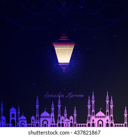 Lantern with mosque for holiday, garden, on Ramadan Kareem, Eid Mubarak