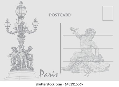 Lantern on the bridge of Alexander III. Paris, France. Vector hand drawn postcard. 