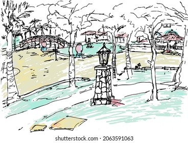 Lantern on a stone base in а beautiful green park in the center of which there is a pond, an arched bridge is installed across it. Near the water there is Bar, Parque Josone, Varadero, Cuba. Ink drawn