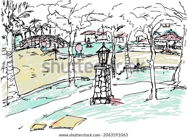 Пейзаж в парке отдыха Josone, Varadero, Cuba. Цветная заливка, линейный вектор. Рисунок художника Андрея Бондаренко #iThyx