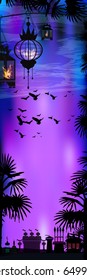 Lantern on the tree. The concept of fasting. Religion is Islam. Ramadan fasting. Three Lanterns hang from a flock of birds and palm trees. Vertical orientation with a place under the text.