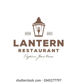 Lantern Post, Classic Street Lamp With Fork Restaurant Vintage Logo Design Vector